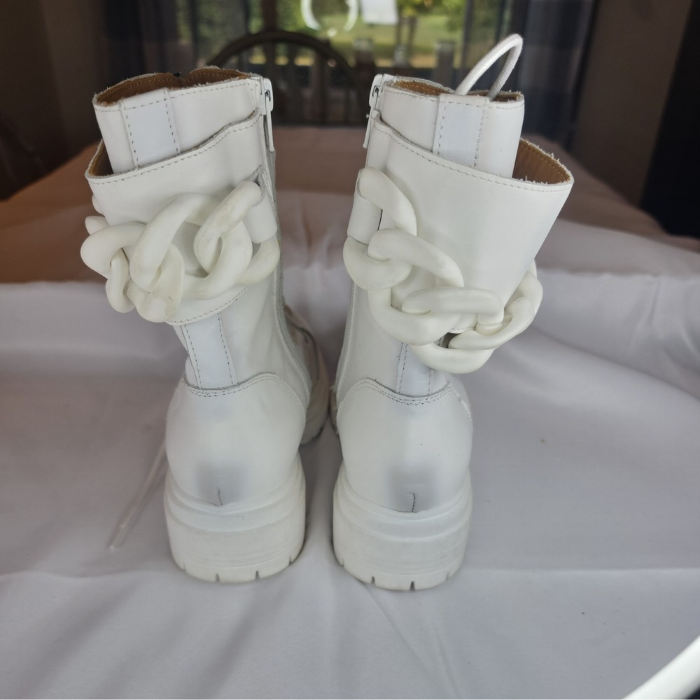 Beautisoles White Leather Combat Boots W Chain Detail. Zip w Tie Closure (35) - Picture 11 of 11